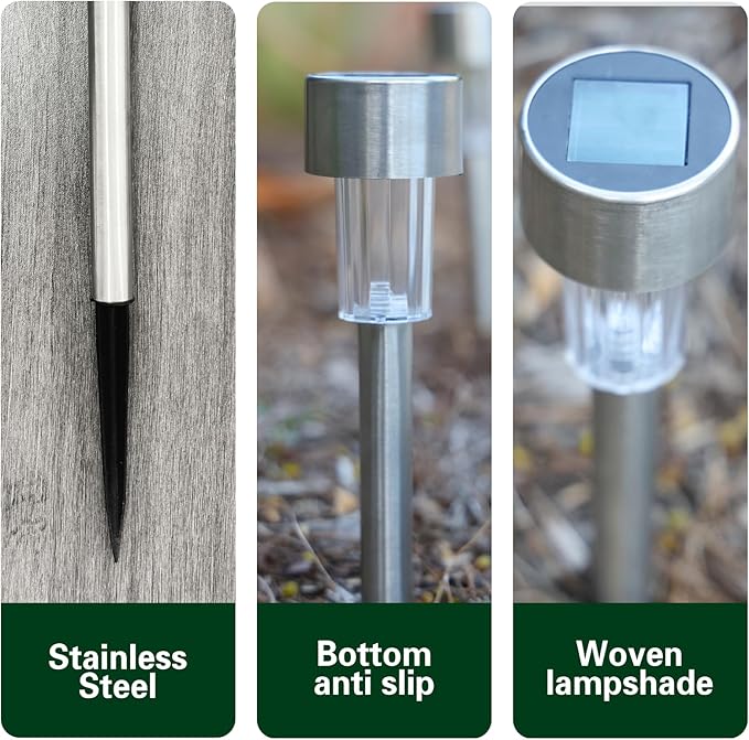 EcoGreen Outdoor Pathway Solar Light, 8pcs Pack,Garden Patio Balcony Walk Way Lights, Stainless Steel Leg, 5000K Daylight, IP65 Waterproof, 1.85 * 12.2in