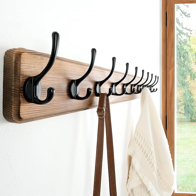 Dseap Wall Mounted Coat Rack: 38-1/4" Long, Patented, Heavy-Duty, 10-Double-Hooks Wooden Hanger Rail for Winter Coats, Hat, Jacket, Clothing - Natural & Black