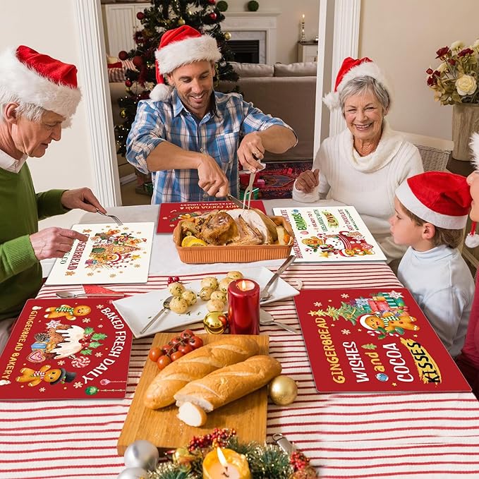 Gingerbread Christmas Placemats Set of 6 Gingerbread Candy Plastic Table Mats Hot Cocoa Place Mats Xmas Gnome Tree Washable Table Decoration for Indoor Outdoor Party Kitchen Dining