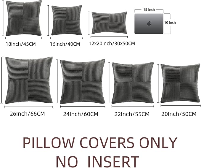 Fancy Homi 2 Packs Dark Gray Euro Decorative Throw Pillow Covers 28x28 Inch for Couch Bed Sofa, Rustic Farmhouse Boho Home Decor, Soft Corss Corduroy Patchwork Textured Square Cushion Case 71x71 cm