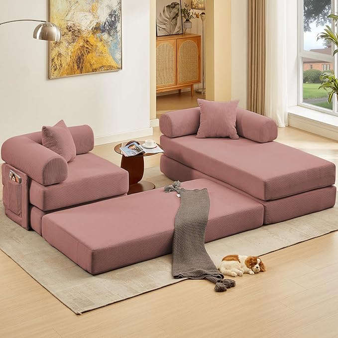 107" Oversized Convertible Sleeper Sofa Bed, Corduroy L Shape Sectional Couch, Folding Sofa Bed with Side Pocket, Modern Cloud Floor Mattress Couch, Modular Sofa for Living Room, Pink