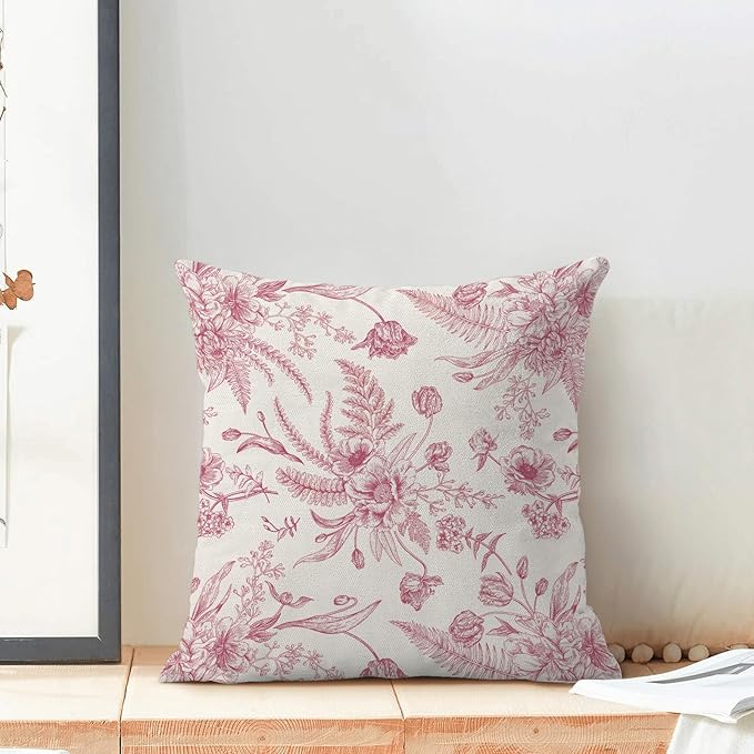 CXMEIFLY Hot Pink Spring Pillow Covers 16 x 16 Inch Set of 2 for Chinoiserie Flowers Decor Throw Pillows Floral Leaves Seasonal Plant Outdoor Decorative Cushion Cases for Couch Bed Decorations