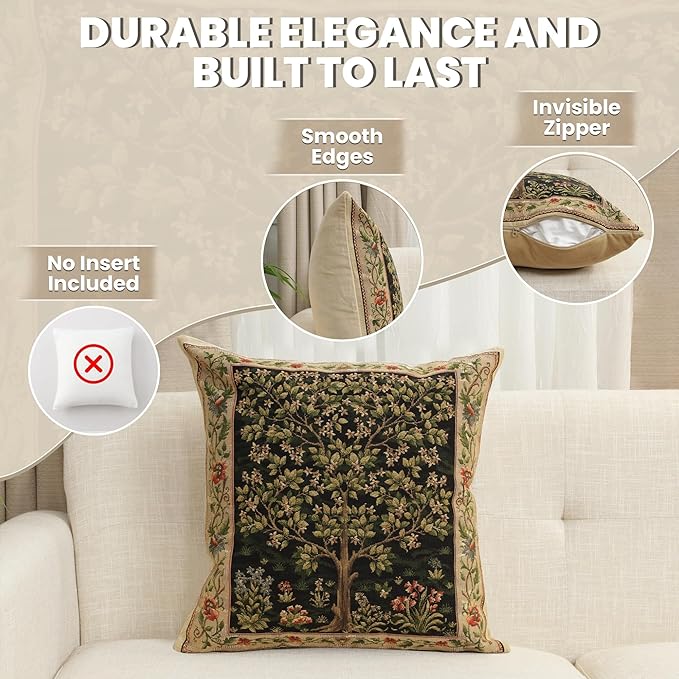 Charlotte Home Furnishings Throw Pillow Covers, Decorative Boho Pillow Covers for Couch, Living Room, Black Tree Square Cushion Cases 18x18 in, European Cotton Jacquard Woven for Cozy Bedroom Decor