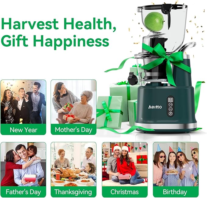Cold Press Juicer,Aeitto Slow Masticating Juicer with Wide & Dual Feed Chute for Vegetables and Fruits, High Juice Yield, Self Feeding for Juice Extractor, BPA-Free, Dark Green
