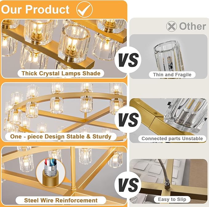 Crystal Brass Rectangle Chandeliers for Dining Room, 54in Gold Farmhouse Chandeliers for Dining Room, Modern Rectangle Crystal Chandelier for Kitchen Island Living Room, Includes 60XG4 Bulbs