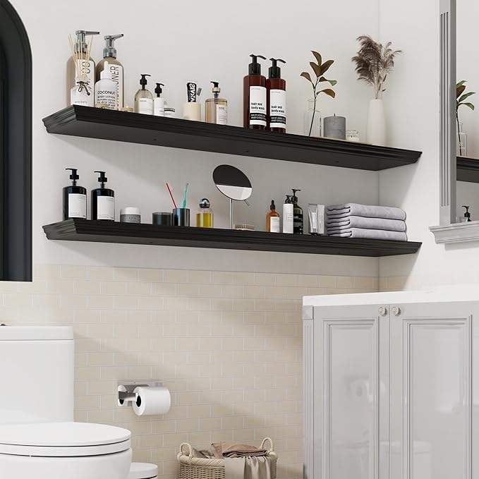 Floating Shelves for Wall, 55 Inch Long Wall Mounted Black Hanging Shelf for Kitchen, Living Room, Office, Bedroom, Bathroom, Retro Vintage Wood Bookshelf for House Decor