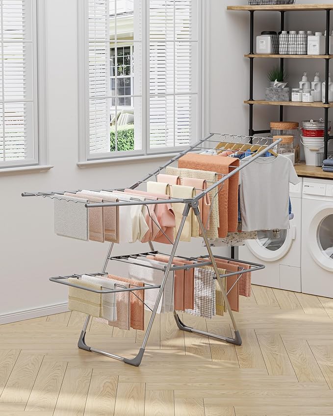 Clothes Drying Rack - Foldable Laundry Drying Rack for Clothing & Bedding, Easy-to-Assemble, Space-Saving Metal Airer with Non-Slip Feet, Indoor & Outdoor Use, 55.5"×22.8"×36.6", Gray