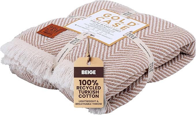 Gold Case Throw Blanket for Couch – 100% Recycled Turkish Cotton Blankets & Throws – Elegant Decorative Throw Blankets for Living Room Sofa – Woven Throws for Couch – Elegant Beige – 60x80