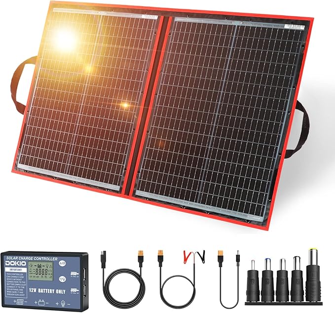 DOKIO 100W Portable Foldable Solar Panel Kit, Compact 21x28in Design 5.9lb with Standalone Controller and USB, Monocrystalline Charger for 12V Batteries, Power Stations, RV Camping Emergency Use
