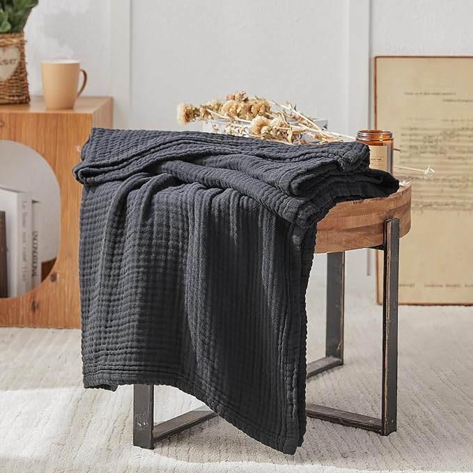 EMME Cotton Muslin Throw Blanket Couch Breathable Gauze Blanket Soft Lightweight Blankets Adults (Black, 50"x60")