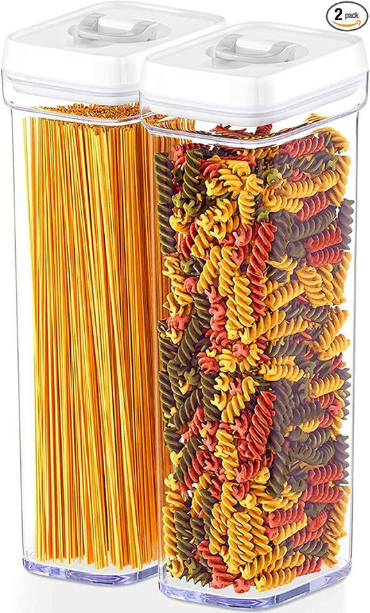 DWËLLZA KITCHEN Pasta Storage Containers for Pantry - Set of 2 White Airtight Spaghetti Container Storage - Ideal for Spaghetti & Noodles, Kitchen Pantry Organization and Storage, Keeps Food Fresh