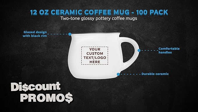 Custom Glazed Campfire Coffee Mugs 12 oz. Set of 100, Personalized Bulk Pack - Perfect for Coffee, Tea, Espresso, Hot Cocoa, Other Beverages - White