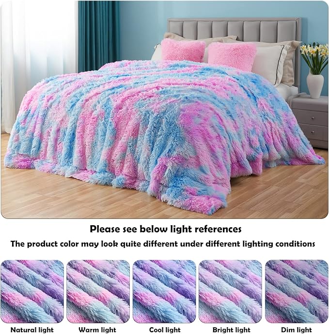 GONAAP Fuzzy Faux Fur Throw Blanket Queen Size Purple Rainbow Super Soft Cozy Plush Fuzzy Shaggy Blanket for Couch Sofa Bed (Purple Rainbow, Queen(90"x90"))