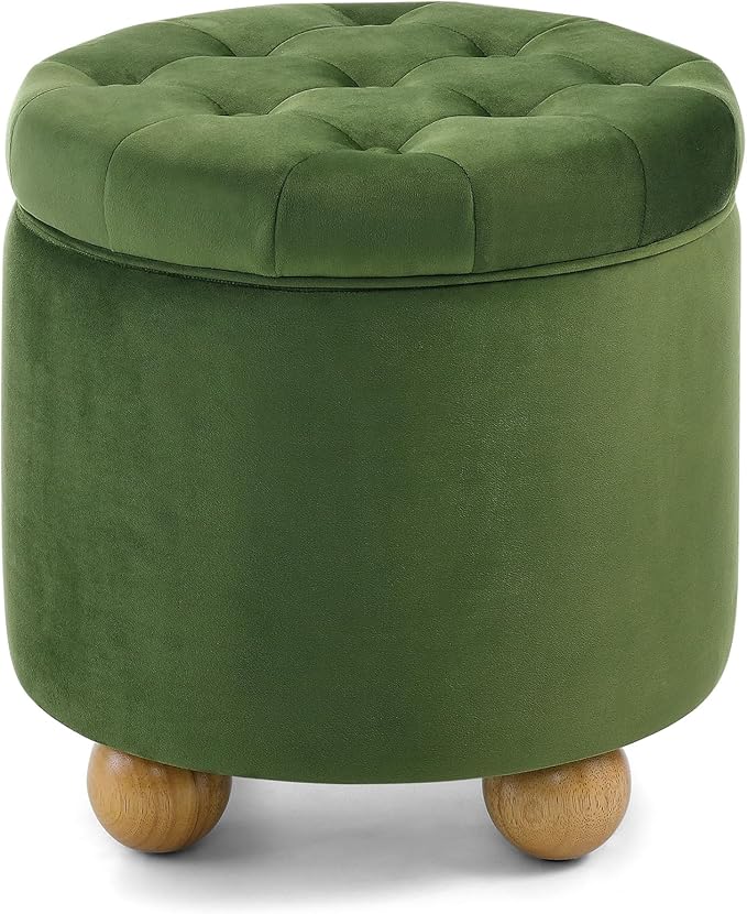 Furniliving Upholstered Button Tufted Round Ottoman, Velvet Storage Ottomans Round, Removable Lid Convenient Footstools, Bedroom Ottoman with Storage for Vanity, Living Room, Green