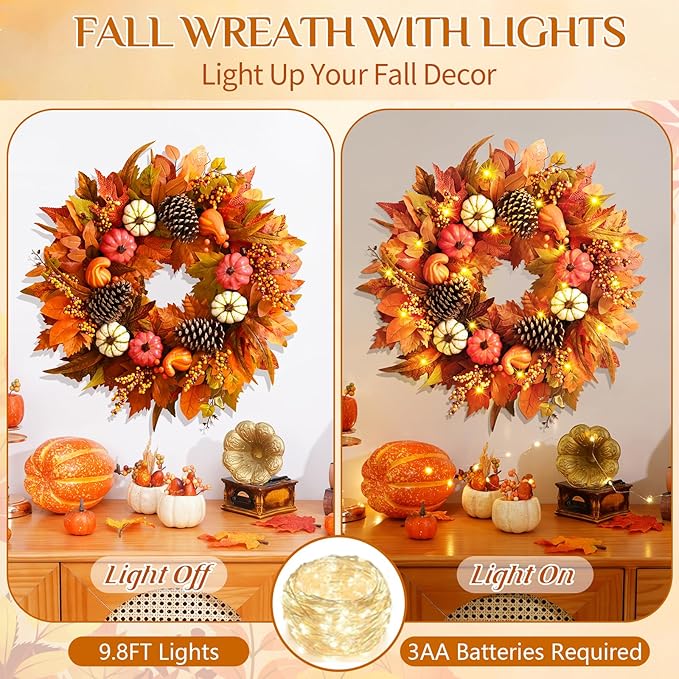 Fall Decor - Fall Wreaths for Front Door Outside, 20 Inch Fall Door Wreath, Handcrafted Autumn Wreath with Colorful Pumpkins Maple Leaves, Fall Decorations for Home Front Door Porch Thanksgiving Decor