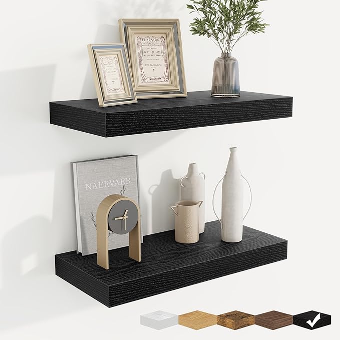 fuqing Floating Shelves for Wall, Bathroom Shelf Wall Mounted for Storage, Shelves with Invisible Bracket for Bedroom, Kitchen, Living Room, Farmhouse Small Book Shelf, 16 Inch Set of 2, Black