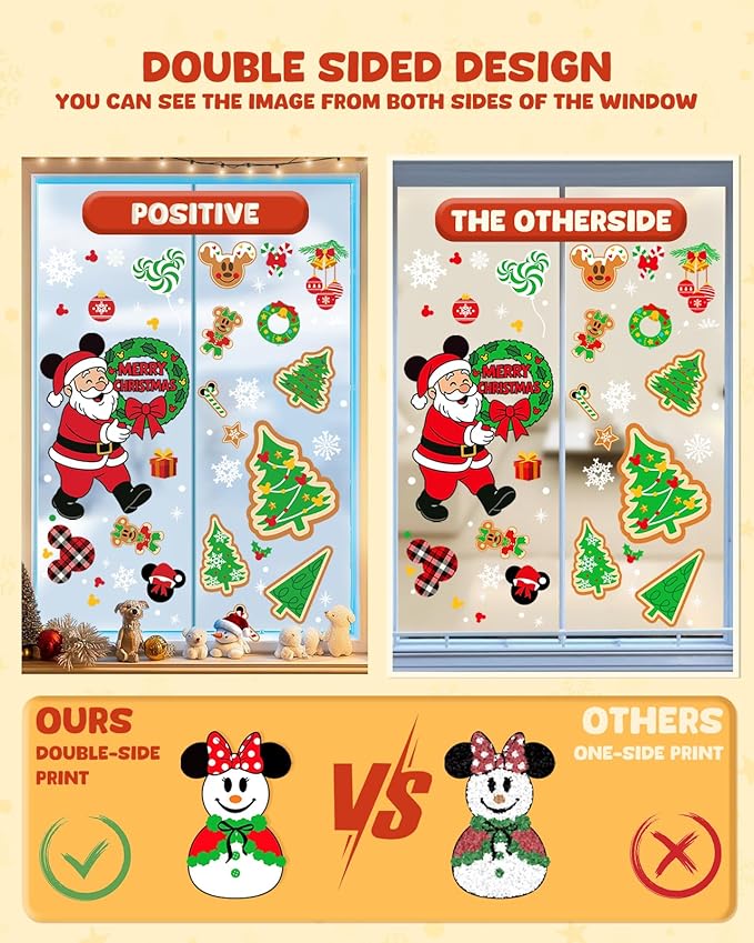 Christmas Window Clings - 9 Sheets 166 Pcs Cute Xmas Decorations for Winter Holiday Home Party, Santa Snowman Tree Snowflake Gingerbread Stickers for Glass, Double-Sided Static Window Decals