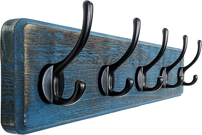 Dseap Coat Rack Wall: Patented, Heavy-Duty, 5-Double-Hooks Wooden Wall Mounted Coat Rack Coat Hanger Hook Rail for Winter Coats Hat Jacket Clothing, Weathered Blue