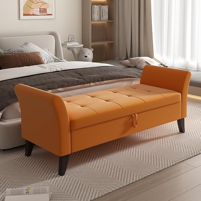 Furniliving 51 Inch Storage Bench for Living Room, Upholstered Bench Ottoman with Velvet Fabric, Modern Entryway Bench with Woodern Legs for Bedroom, Living Room, Shoe Storage & Seating, Orange