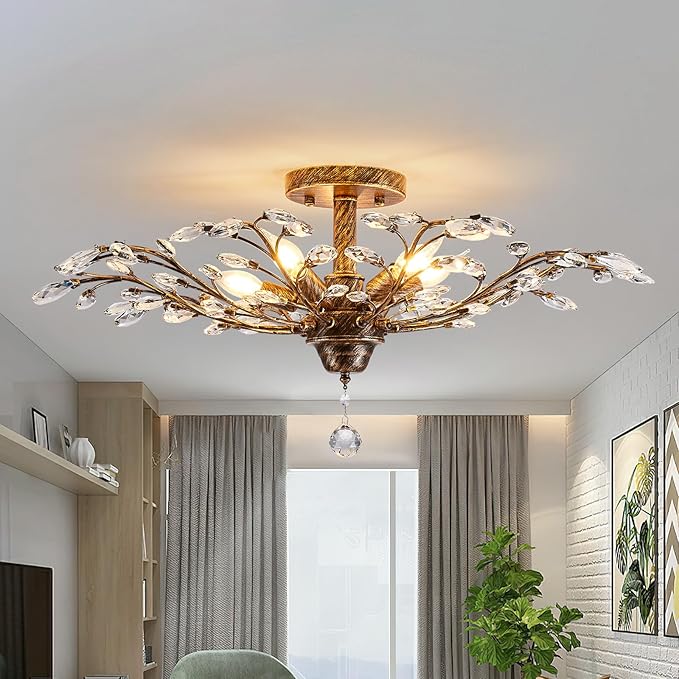 Ganeed Vintage Crystal Chandelier, Modern Bronze Branches Ceiling Light Fixture with 5-Light Heads for Farmhouse Living Room Dinning Room Kitchen Over Table Hallway