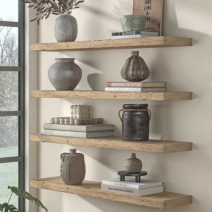 Fun Memories Floating Shelves for Wall Decor, 55"x8" Rustic Reclaimed Wood Shelves, Heavy-Duty Wall Mounted Shelves with Invisible Brackets for Living Room, Bedroom, Kitchen, Natural Finish