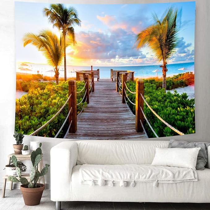 Delur Beach Sunset Tapestry Tropical Seaside Palm Tree Coastal Tapestry Wall Hanging Sunrise Nature Landscape Scenic Psychedelic Headboard for Bedroom Living Room Home Decor (70.8" x 92.5")