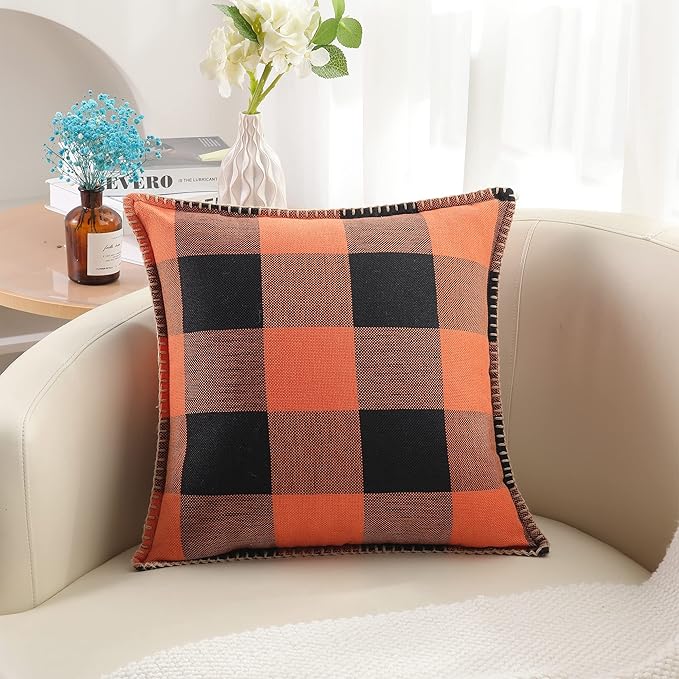 decorUhome Fall Orange and Black Decorative Throw Pillow Covers 22x22 Set of 2, Buffalo Plaid Check Farmhouse Cushion Covers with Stitched Edge for Autumn Harvest Couch Sofa Bed Home Decor