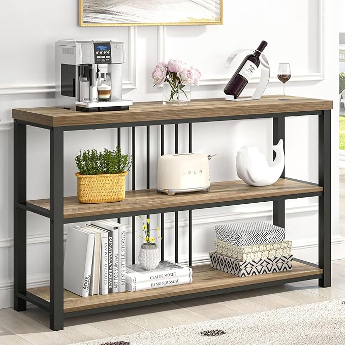 FOLUBAN Modern Sofa Table for Entryway, 3 Tier Narrow Console Table for Living Room Hallway Behind Couch, Rustic Oak