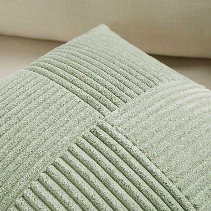 Fancy Homi 2 Packs Sage Green Samll Decorative Throw Pillow Covers 14x14 Inch with for Couch Bed Sofa, Rustic Farmhouse Boho Home Decor, Soft Corss Patchwork Corduroy Square Cushion Case 35x35 cm