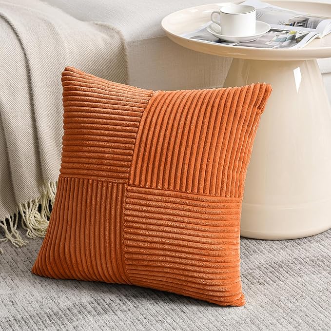Fancy Homi 2 Packs Burnt Orange Decorative Throw Pillow Covers 22x22 Inch for Living Room Couch Bed, Rustic Farmhouse Boho Home Decor, Soft Corss Corduroy Patchwork Accent Square Cushion Case 55x55 cm
