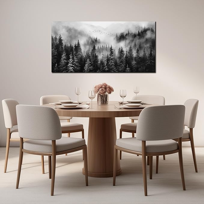 Foggy Forest Wall Art for Living Room,Black and White Pictures for Wall,Tree Wall Decor for Bedroom 20 x 40 Inch
