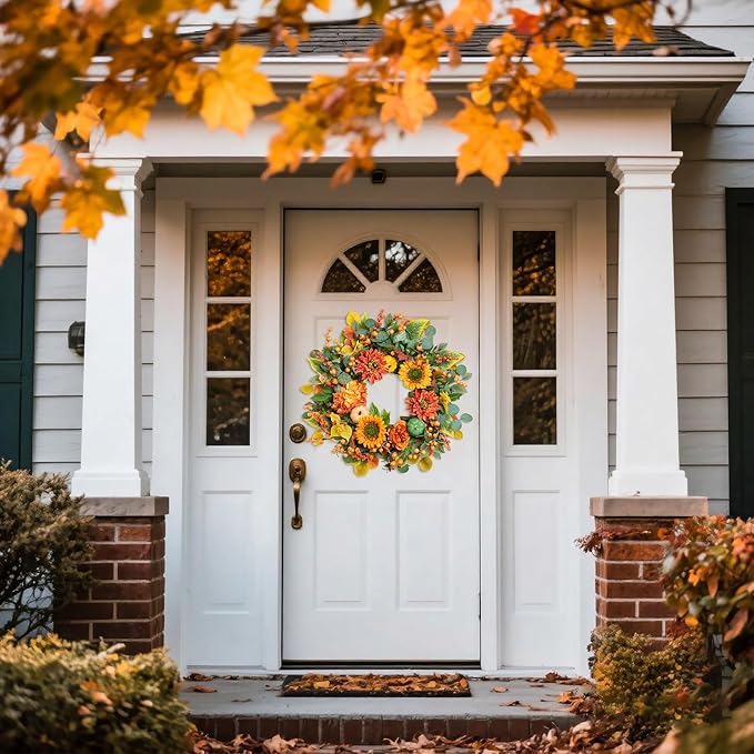 Fall Wreaths for Front Door 24 Inch Autumn Wreath with Sunflowers, Orange Dahlias, Maple Leaves & Berries – Fall Door Wreath for Outdoor or Indoor Thanksgiving Decor