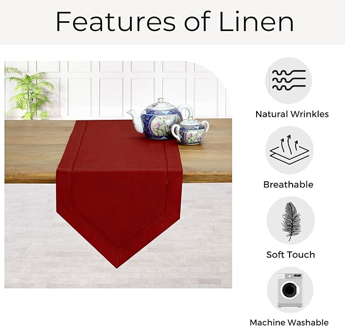 D'Moksha Homes Red Linen Table Runner 72 Inches Long - 100% Pure Linen Diamond Table Runner 14 x 72 Inch for Dining, Fall and Halloween - Machine Washable