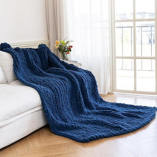 Chunky Knit Blanket - Luxury Soft Cozy 50 * 60 Throw Blanket,100% Woven Blanket Rope Knot Throw Blanket for Couch, Sofa, Home Decor, Gift - Machine Washable（Deep Blue）