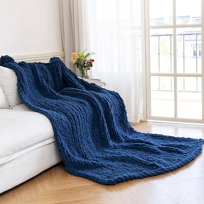 Chunky Knit Blanket - Luxury Soft Cozy 40 * 50 Throw Blanket,100% Woven Blanket Rope Knot Throw Blanket for Couch, Sofa, Home Decor, Gift - Machine Washable（Deep Blue）