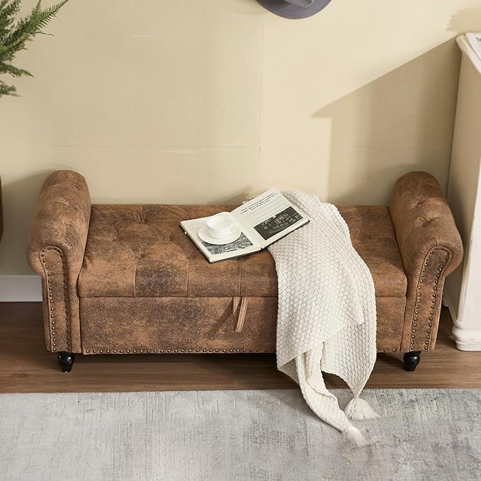 Furniliving 55” End of Bed Bench, Bedroom Bench with Button-Tufted, Large Upholstered Storage Ottoman Entryway Bench with Storage Shoe Cabinet Bench, for Bedroom, PU, Coffee