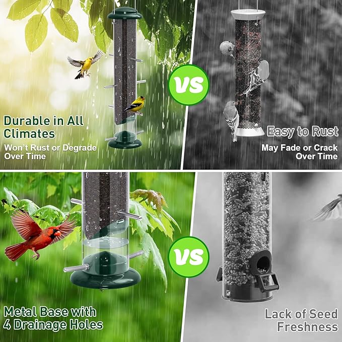 FEED GARDEN Finch Feeders for Outside, Nyjer & Thistle Bird Feeders, 15 Inch Tube Feeder with 12 Small Ports & 8 Perches, Durable Metal Design for Outdoor Hanging, Easy Fill & Clean