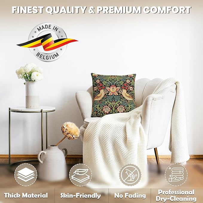 Charlotte Home Furnishings Throw Pillow Covers, Decorative Boho Pillow Covers for Couch, Living Room, Black Strawberry Square Cushion Cases 18x18 in, European Cotton Jacquard Woven, Cozy Bedroom Decor