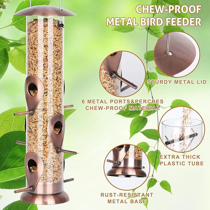 FEED GARDEN Metal Bird Feeders for Outdoors Hanging, 6-Port Tube BirdFeeders for Outside, Finch Feeders for Outside, Brushed Copper Finishing, Bird Feeder with Heavy Duty Metal Lid, Chew-Proof 1 Pack