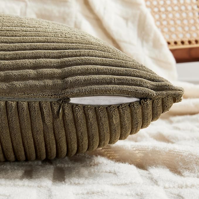 Fancy Homi 2 Packs Olive Green Lumbar Decorative Throw Pillow Covers 12x20 Inch for Living Room Couch Bed, Farmhouse Boho Home Decor, Soft Striped Corduroy Rectangle Accent Cushion Case 30x50 cm