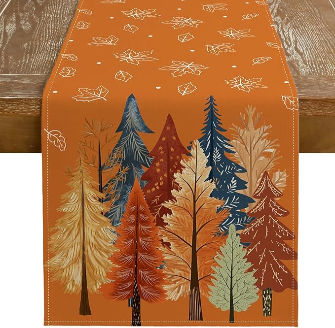 GEEORY Fall Watercolor Trees & Maple Leaves Table Runner 13x72 Inch, Rustic Farmhouse Autumn Thanksgiving Decor for Kitchen, Dining, Indoor/Outdoor Holiday Dinner Party Orange GT158-72