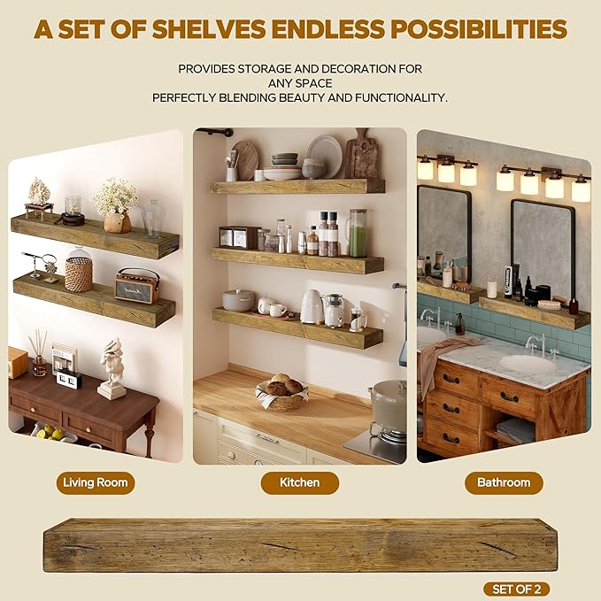 Floating Shelves 3 inch Thick for Wall Set of 2,Solid Pine Wood Wall Mount Shelf for Kitchen Living Room Bedroom Bathroom,8" D x 24" L x 3" H-Distressed Black Walnut