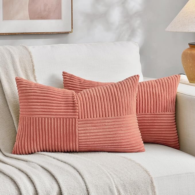 Fancy Homi 2 Packs Coral Lumbar Decorative Throw Pillow Covers 12x20 Inch for Living Room Couch, Rustic Farmhouse Boho Home Decor, Soft Striped Corduroy Rectangle Accent Peach Cushion Case 30x50 cm