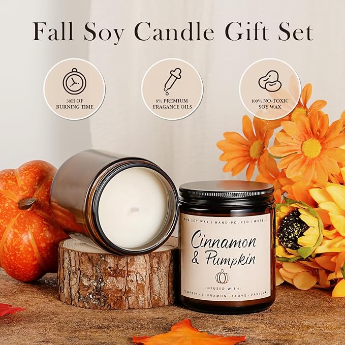 Cinnamon & Pumpkin Scented Candle – Fall Candles for Home Scented, Soy Candles for Home, 7 oz Cozy Pumpkin Candle for Women & Men, Autumn Décor & Holiday Gifts