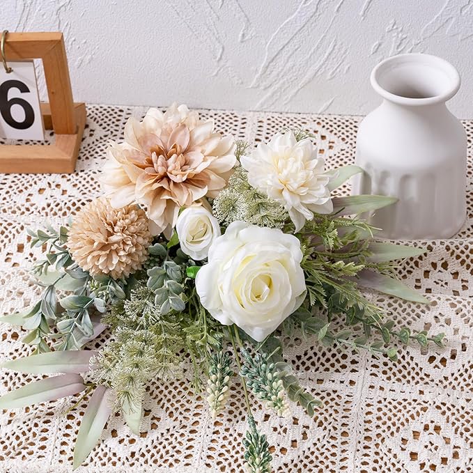 Fake Flowers in Vase, Artificial Flowers with Vase, 15.7'' Floral Arrangements for Dining Table Centerpiece Decor, Silk Roses & Faux Dahlia Bouquet for Farmfouse Kitchen Coffee Table Decor (Brown)