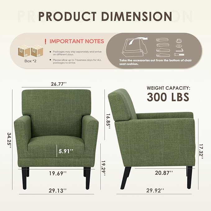 COLAMY Accent Chair Set of 2 for Living Room, Modern Upholstered Fabric Accent Armchair with Back, Soft Single Sofa Chair with Arms for Bedroom/Office/Reception Room, Green