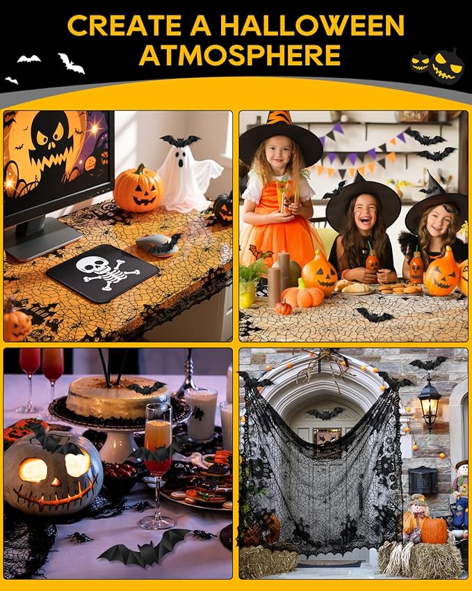 eZAKKA Halloween Table Cloth with 16 Pcs Bats Wall Decor, Spider Web Table Cloth Black Tablecloth Lace Fabric Table Cloths for Rectangle for Parties Gothic Spooky Home Decorations, 53x68 Inch