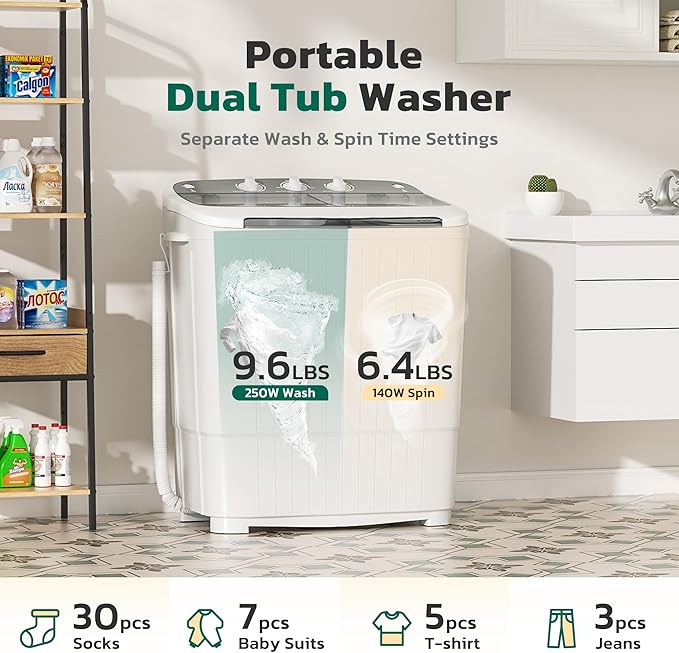 Greenvelly Portable Washing Machine, 16 Lbs Compact Mini Washer and Dryer Combo, Semi-automatic Twin Tub Washer with Drain Pump for Dorms, Apartments, RVs (Grey)