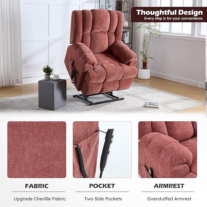 Dual Motor Power Lift Recliner Chair with Massage and Heat for Elderly People, Infinite Position, Burgundy Recliner Chair, Chenille Fabric Lift Chair