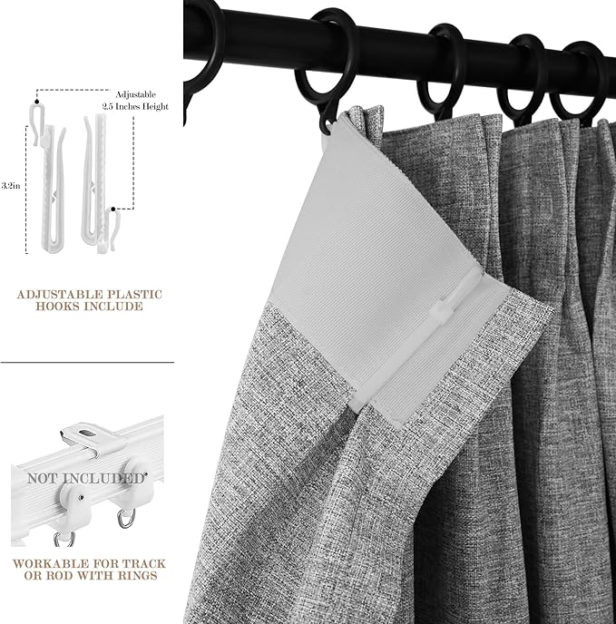 100" W x 96" L Faux Linen Room Divider Curtains, Full Blackout Pinch Pleated Drapes for Traverse Rod, Bedroom Divider Privacy Drapery with Hooks for Ceiling Track, 1 Panel, Light Grey